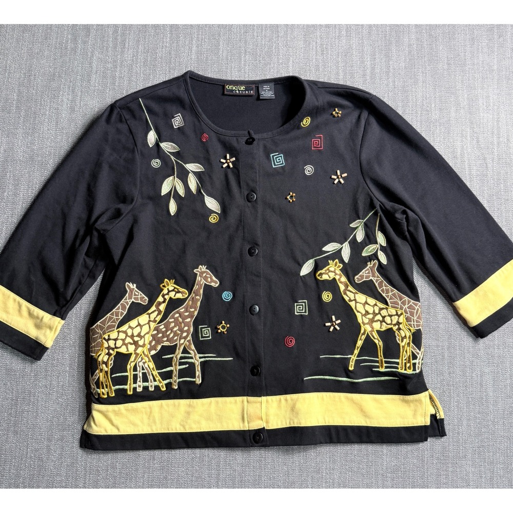 Onque Casuals Giraffe Embroidered Beaded Button Front Cardigan Black Yellow Med